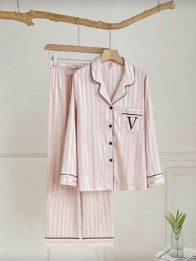 Personalized Blush Pink Satin Pajama Set with Contrast Trim